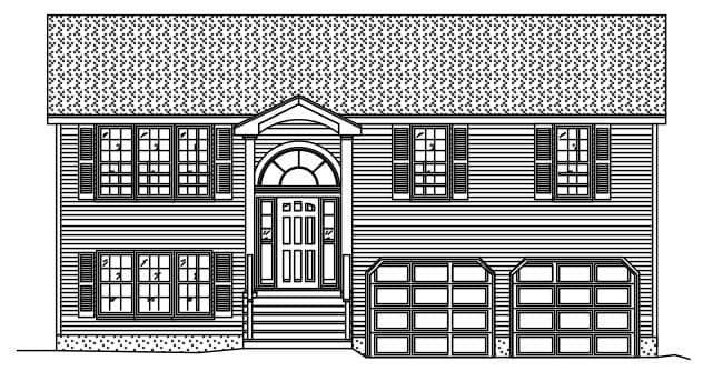 This is the front elevation for this set of Multi-Level Homeplans.