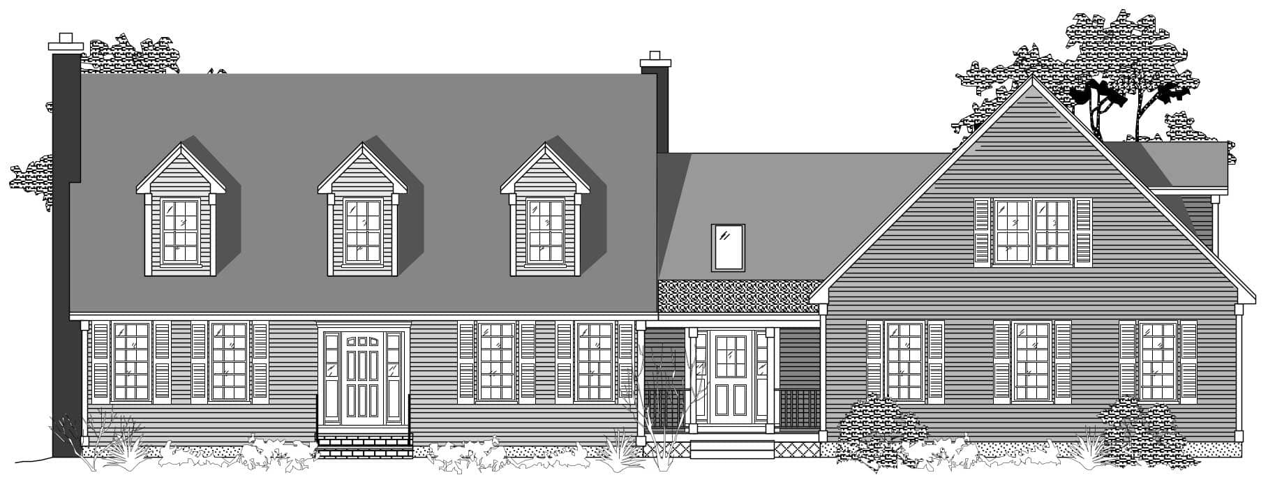 This is the black and white front elevation for these Cape Cod Houseplans.