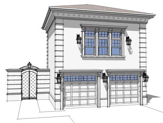 This is a computer generated front elevation of these Garage Plans.