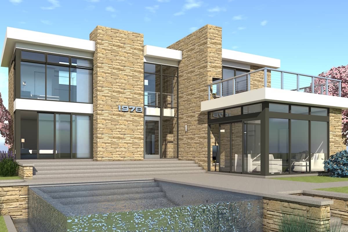 Color rendering of Modern home plan (ThePlanCollection: House Plan #116-1100)