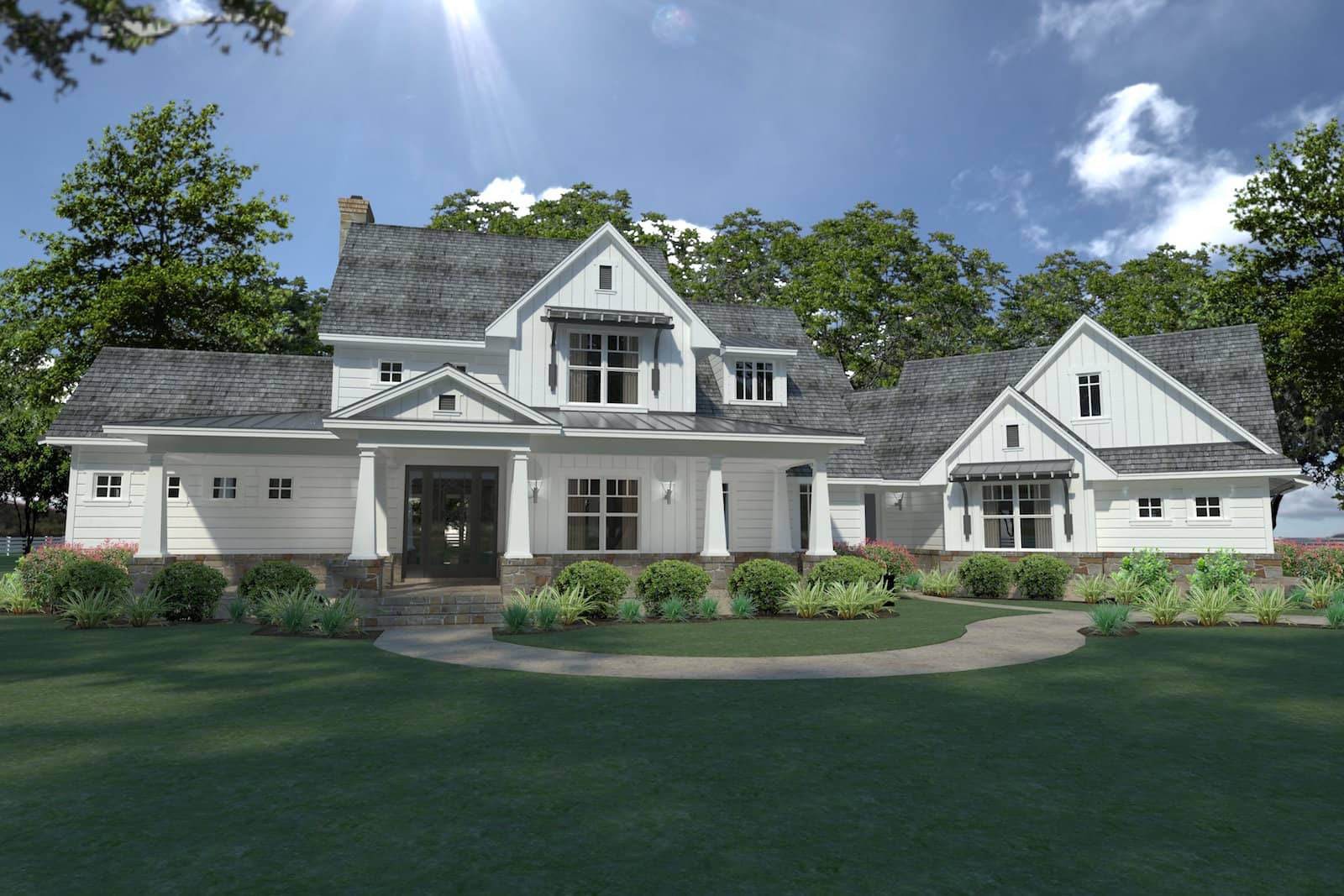 Photo-realistic rendering of Farmhouse home plan (ThePlanCollection: House Plan #117-1124)