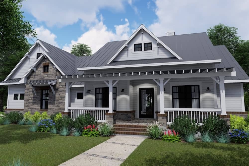 A clear front-elevation rendering of the contemporary farmhouse single-story design, showcasing the covered front porch, stone/wood siding contrast, and clean modern lines of Plan 117-1131.