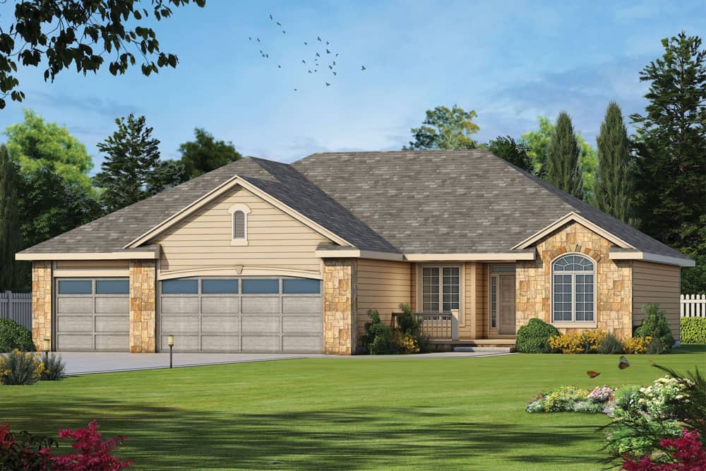 Color rendering of Ranch home plan (ThePlanCollection: House Plan #120-2540)