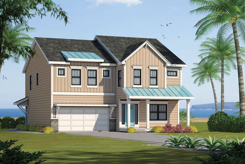 Front elevation of Lake home (ThePlanCollection: House Plan #120-2581)