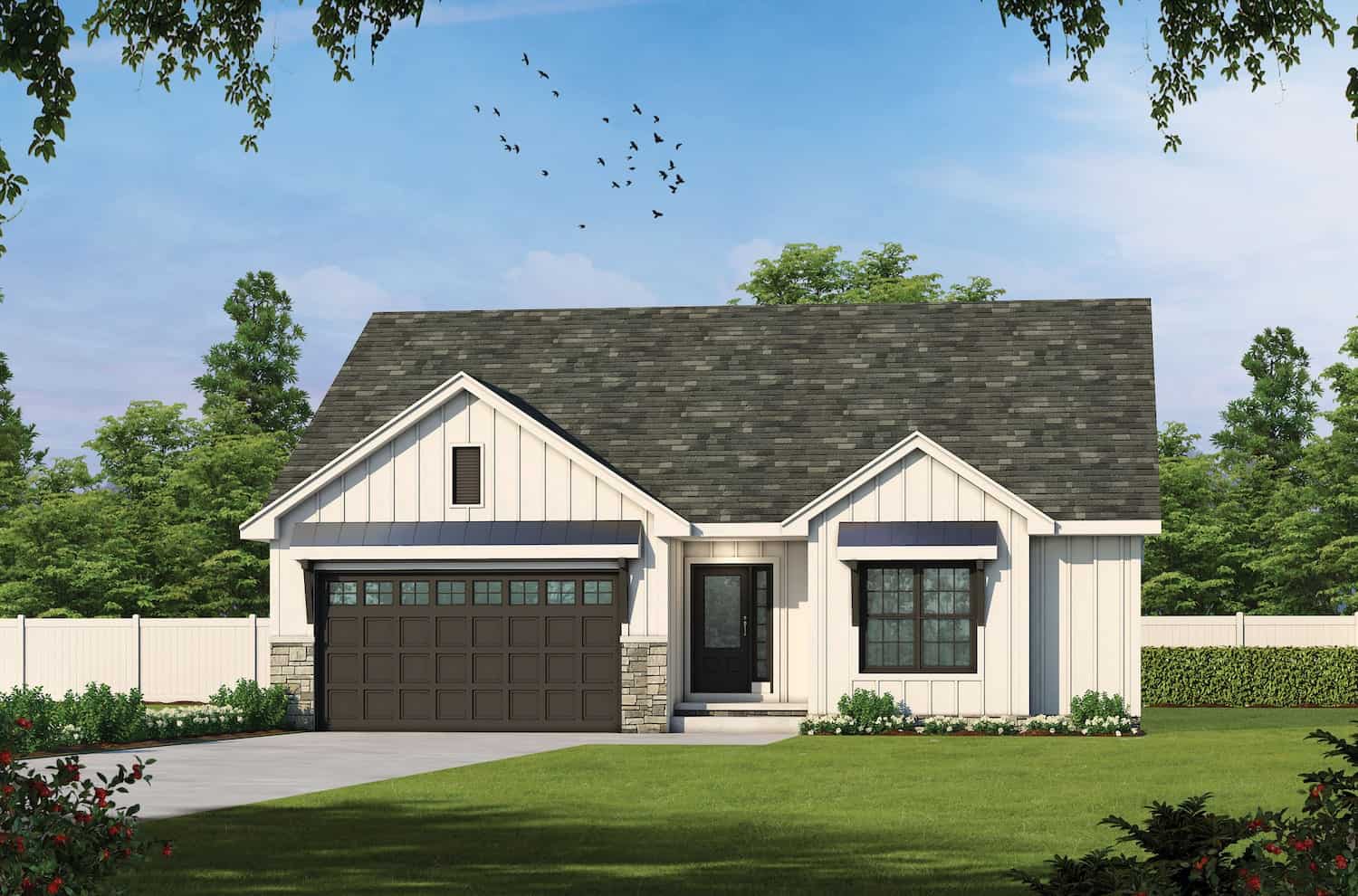 This inviting 3-bedroom, 2.5-bath ranch-style home features an open-concept design, a private primary suite, and a covered patio for outdoor enjoyment. Plan #120-2696.
