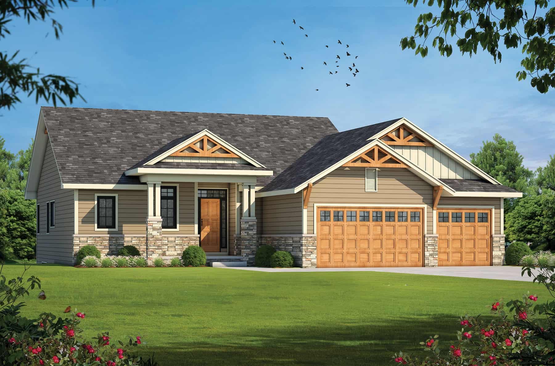 Front elevation of Craftsman home (ThePlanCollection: House Plan #120-2744)