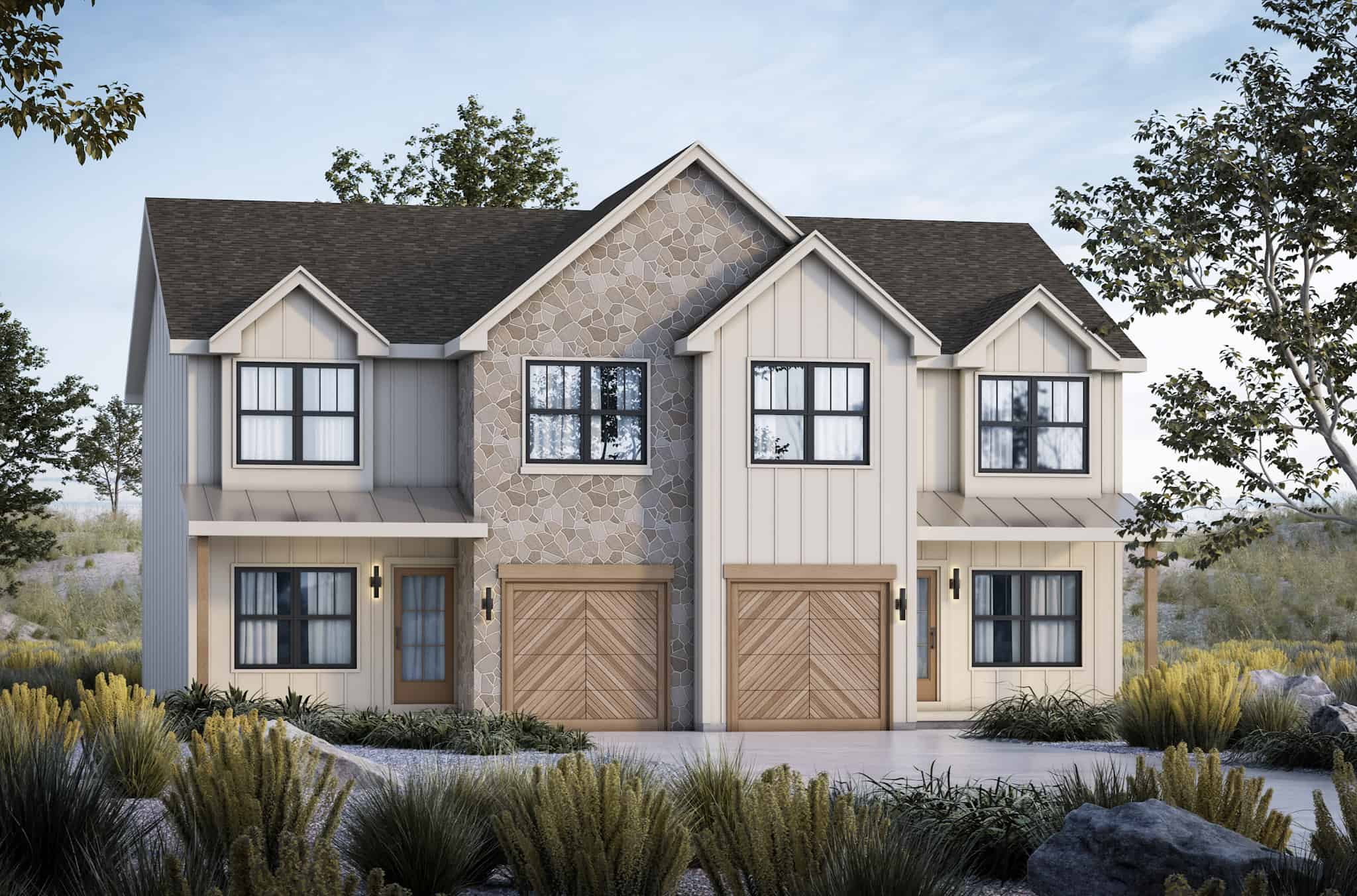 Front elevation of Duplex/Multi-Unit home (ThePlanCollection: House Plan #120-2806)