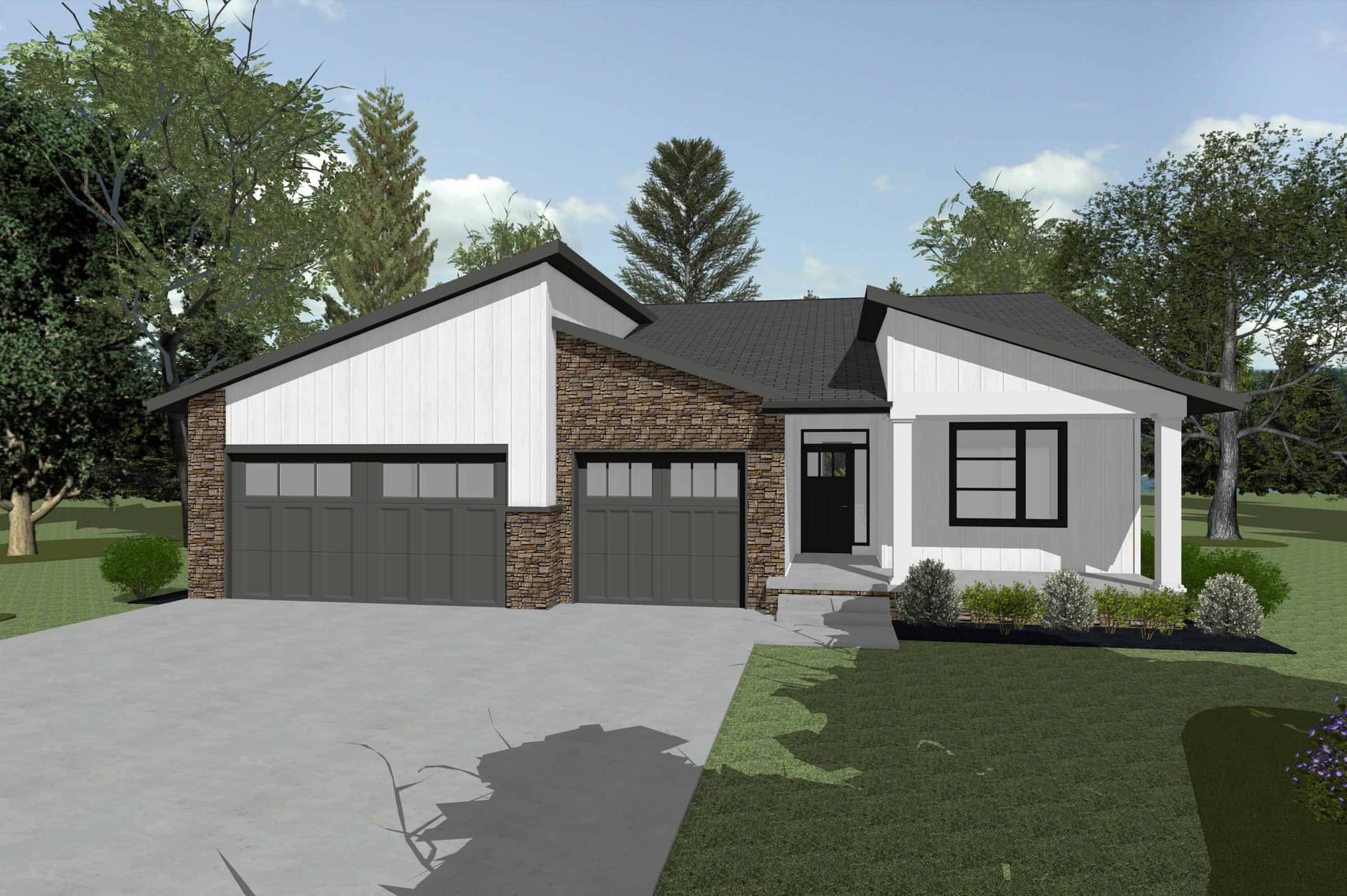 A Contemporary design with covered front porch, attached 3-car garage, and rear patio. 3 beds, 1,989 sq ft — Plan #120-2839.