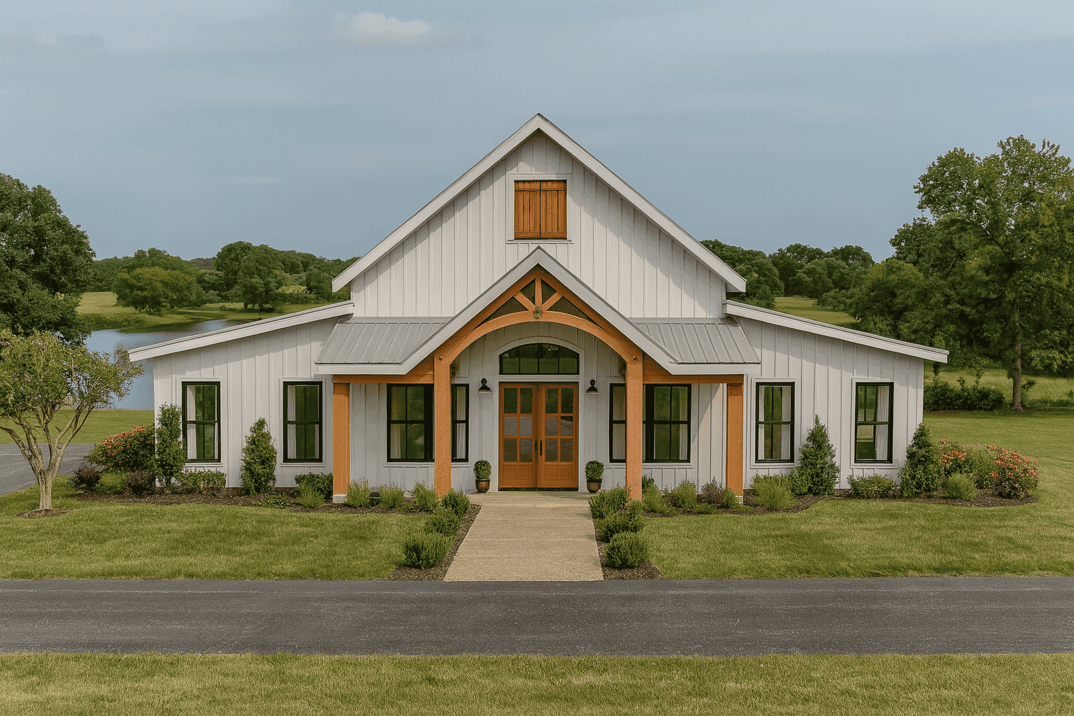 Front elevation of Barn Style home (ThePlanCollection: House Plan #123-1130)