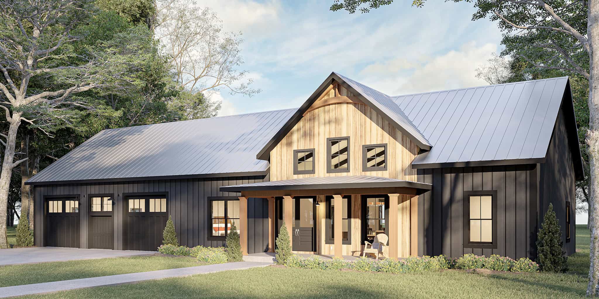 Front elevation of Barndominium home (ThePlanCollection: House Plan #123-1160)