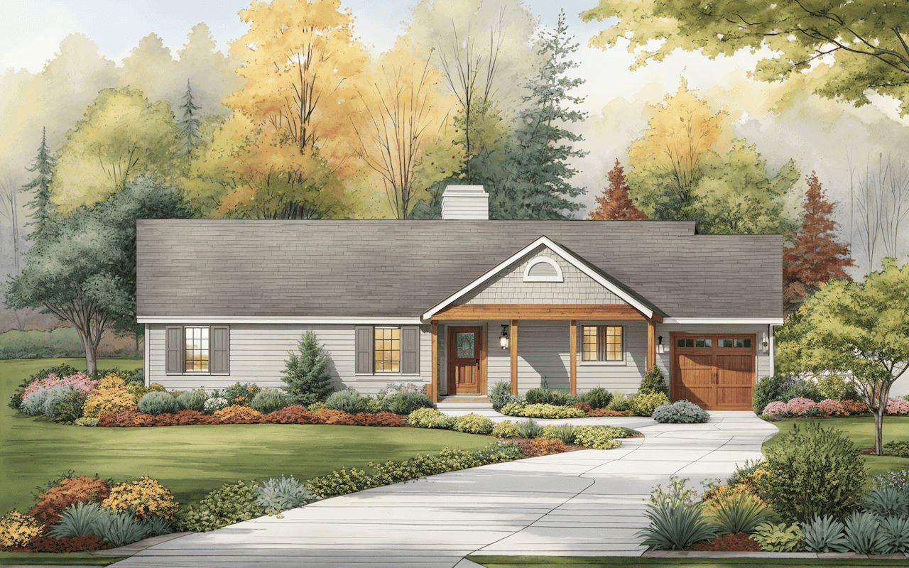 Front elevation of Ranch home (ThePlanCollection: House Plan #124-1110)