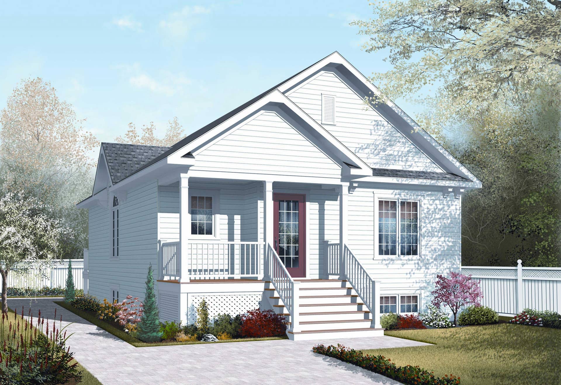 This is a colorful rendering of these Small House Plans.