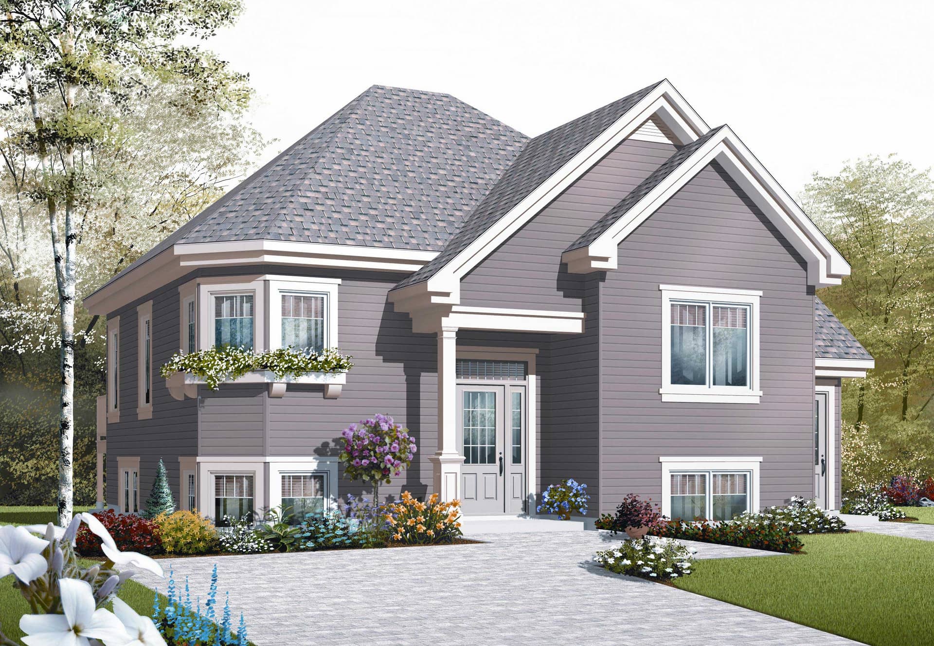 This is the front elevation for these Traditional House Plans.