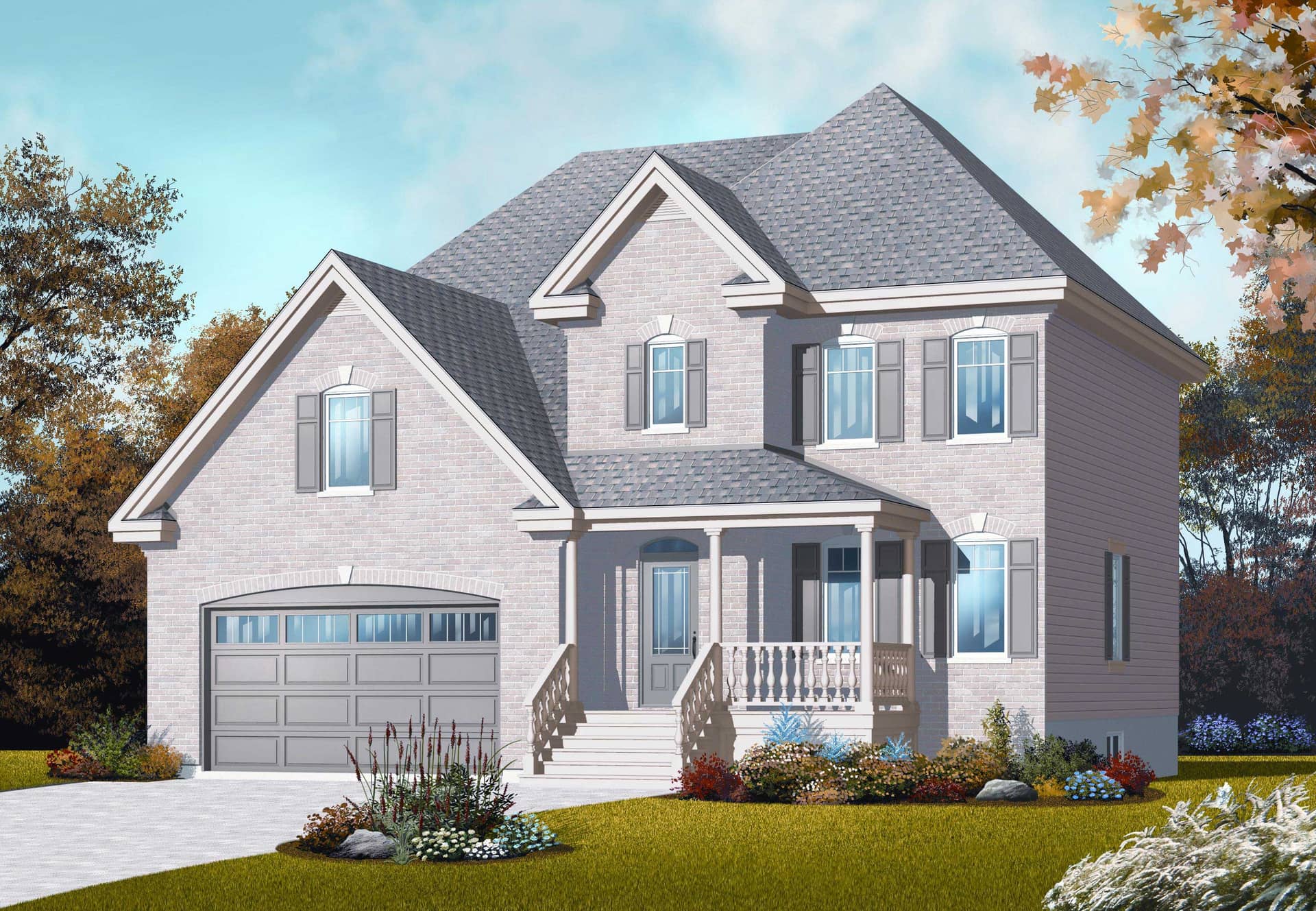 This is the front elevation for these Country European House Plans.