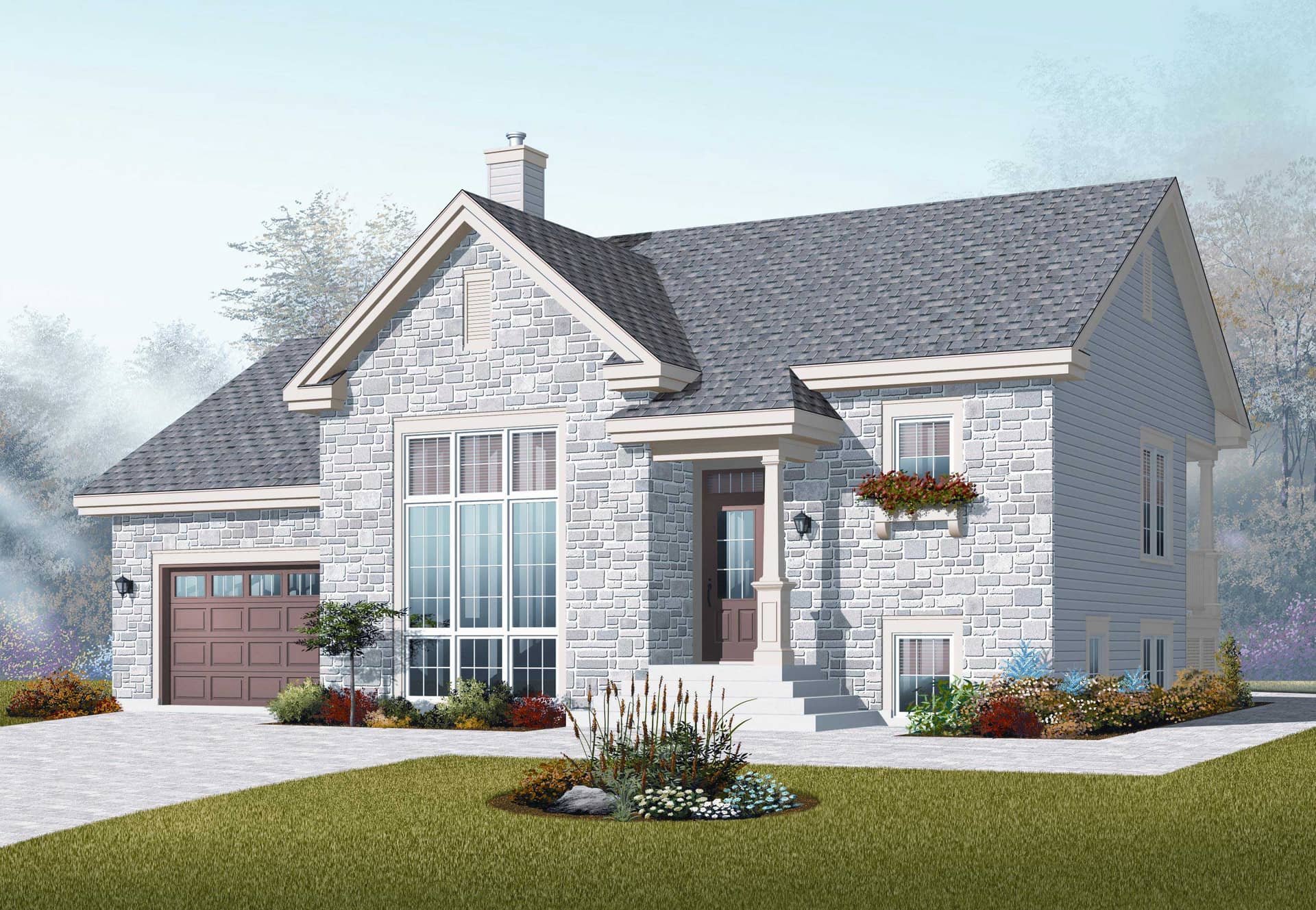 This image shows the front elevation for these Split-Level House Plans.