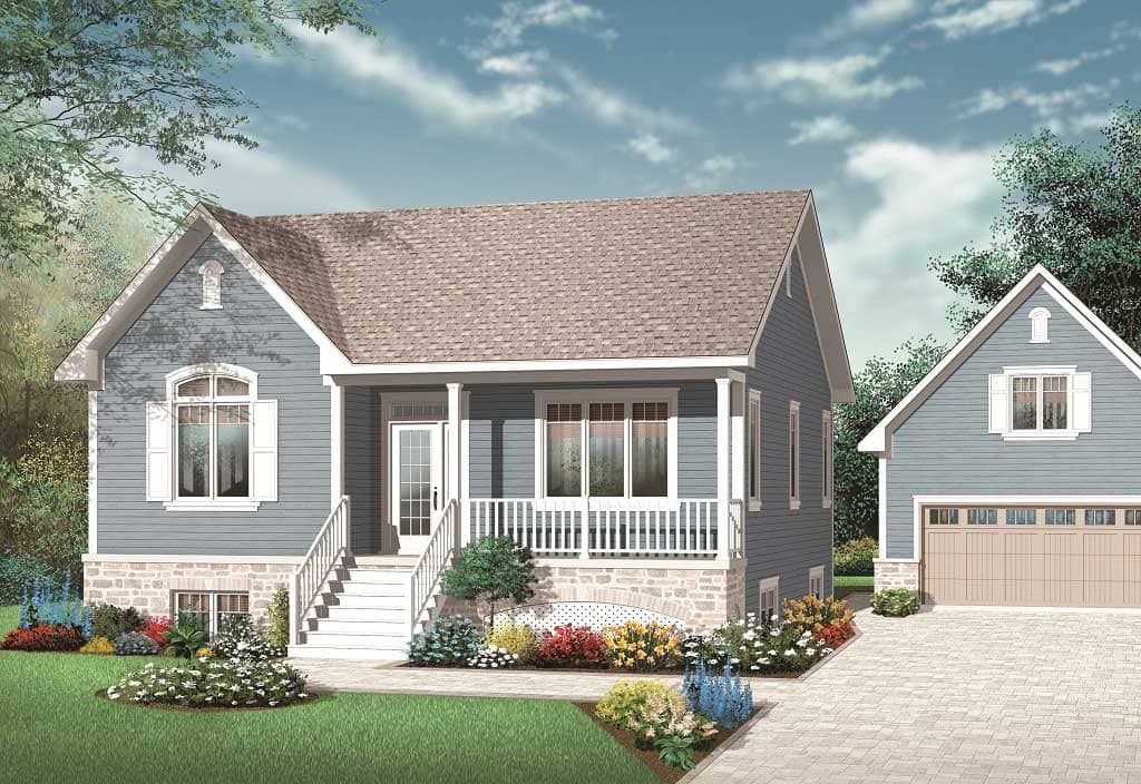 This image shows the front elevation for these Country House Plans.