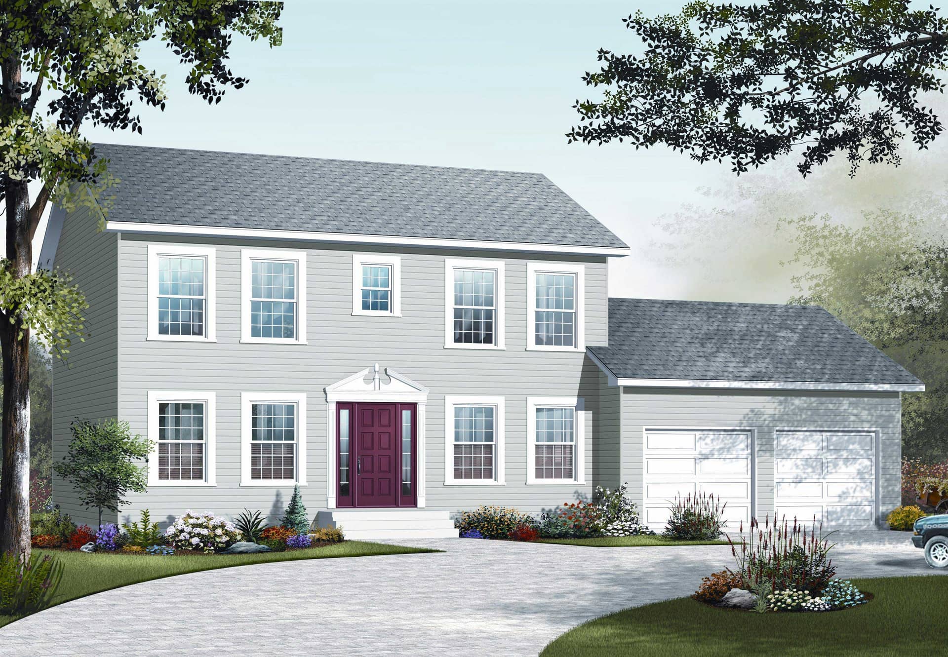This is the front elevation for these Traditional House Plans.