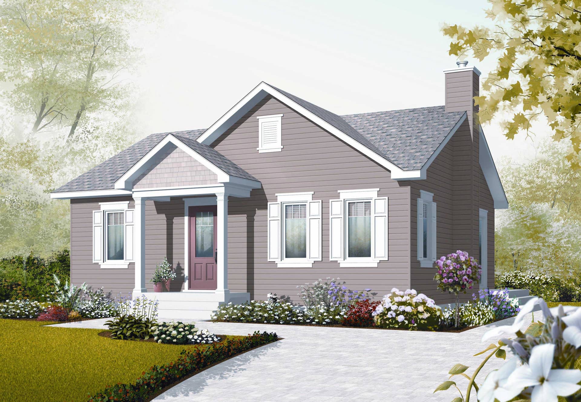 This image shows the front elevation of these Small House Plans.