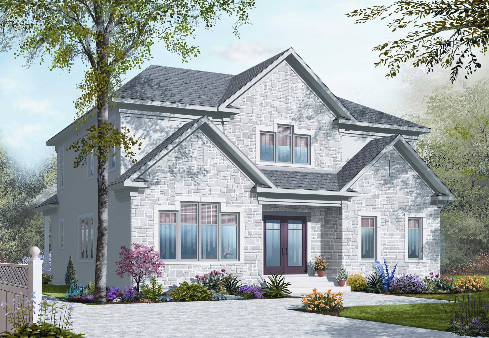 This is a computer generated image showing the front elevation of these Traditional House Plans.