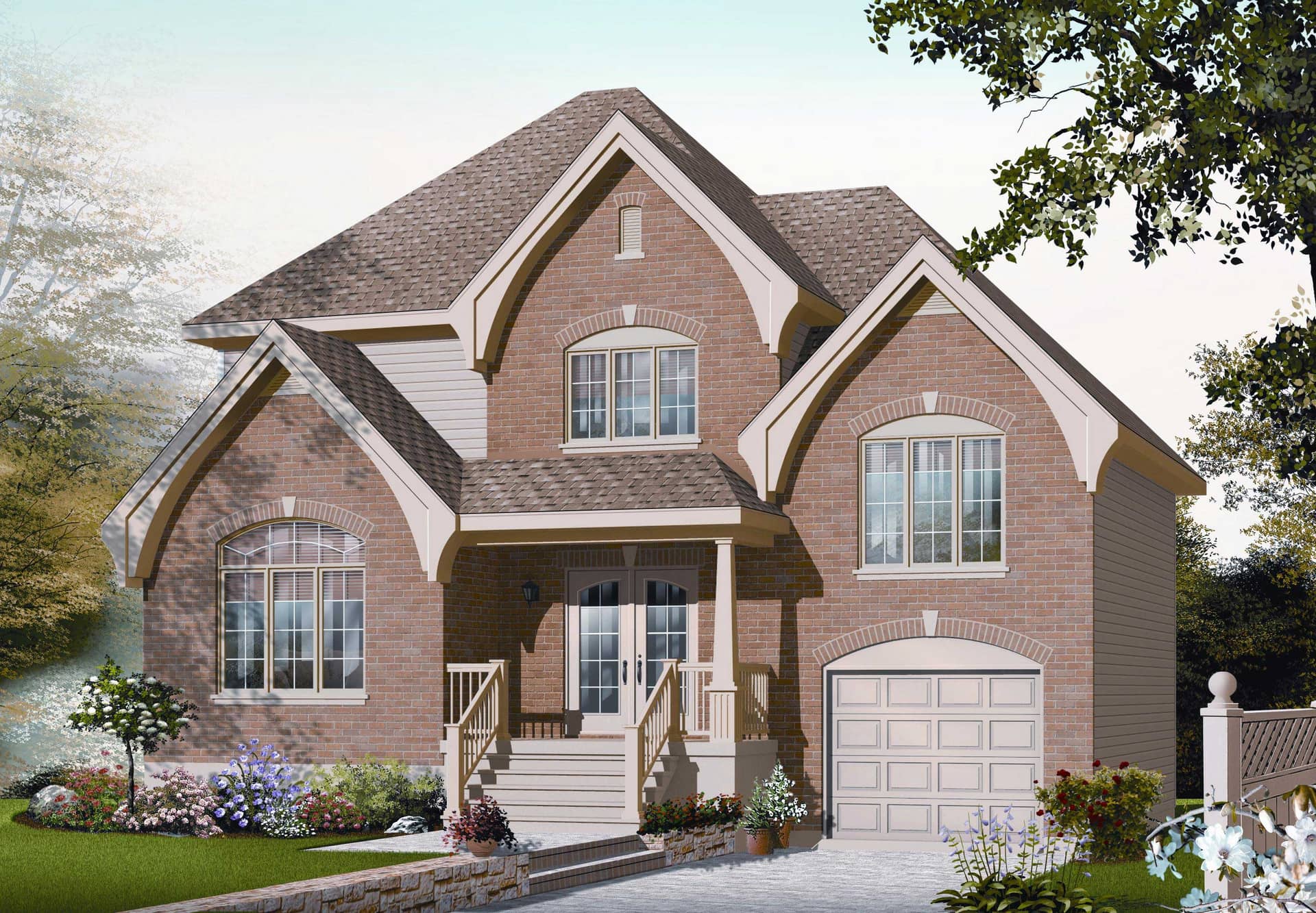 This image shows the front elevation for these Traditional House Plans.