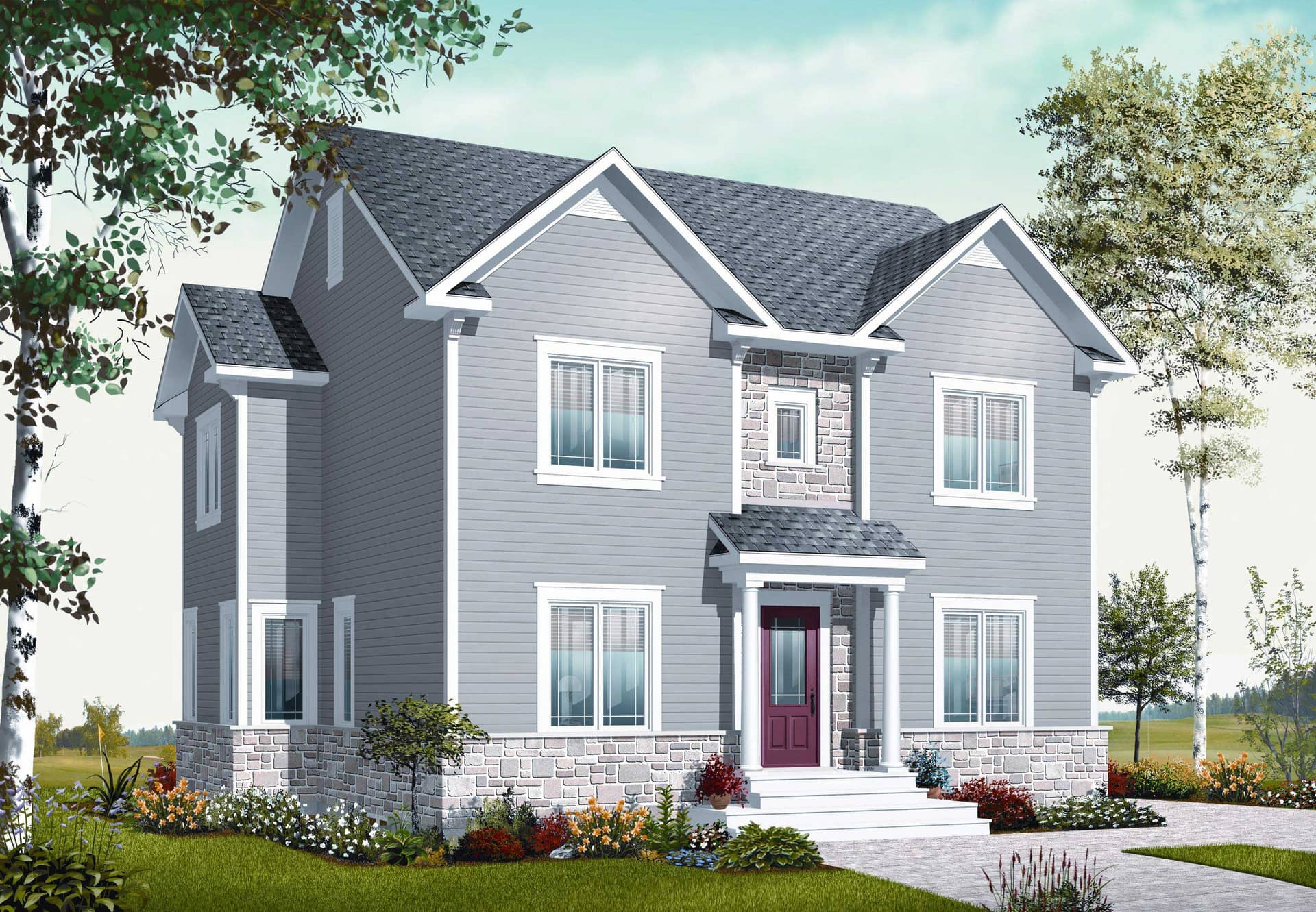 This is the front elevation for these Traditional Home Plans.