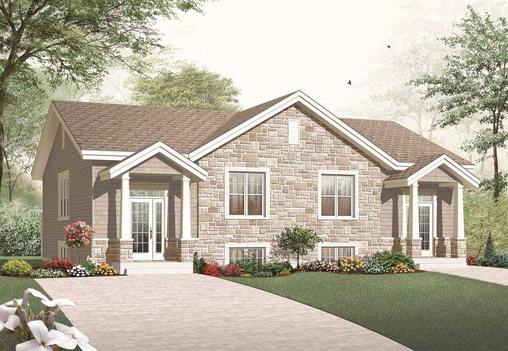 This is the front elevation for these Duplex House Plans.