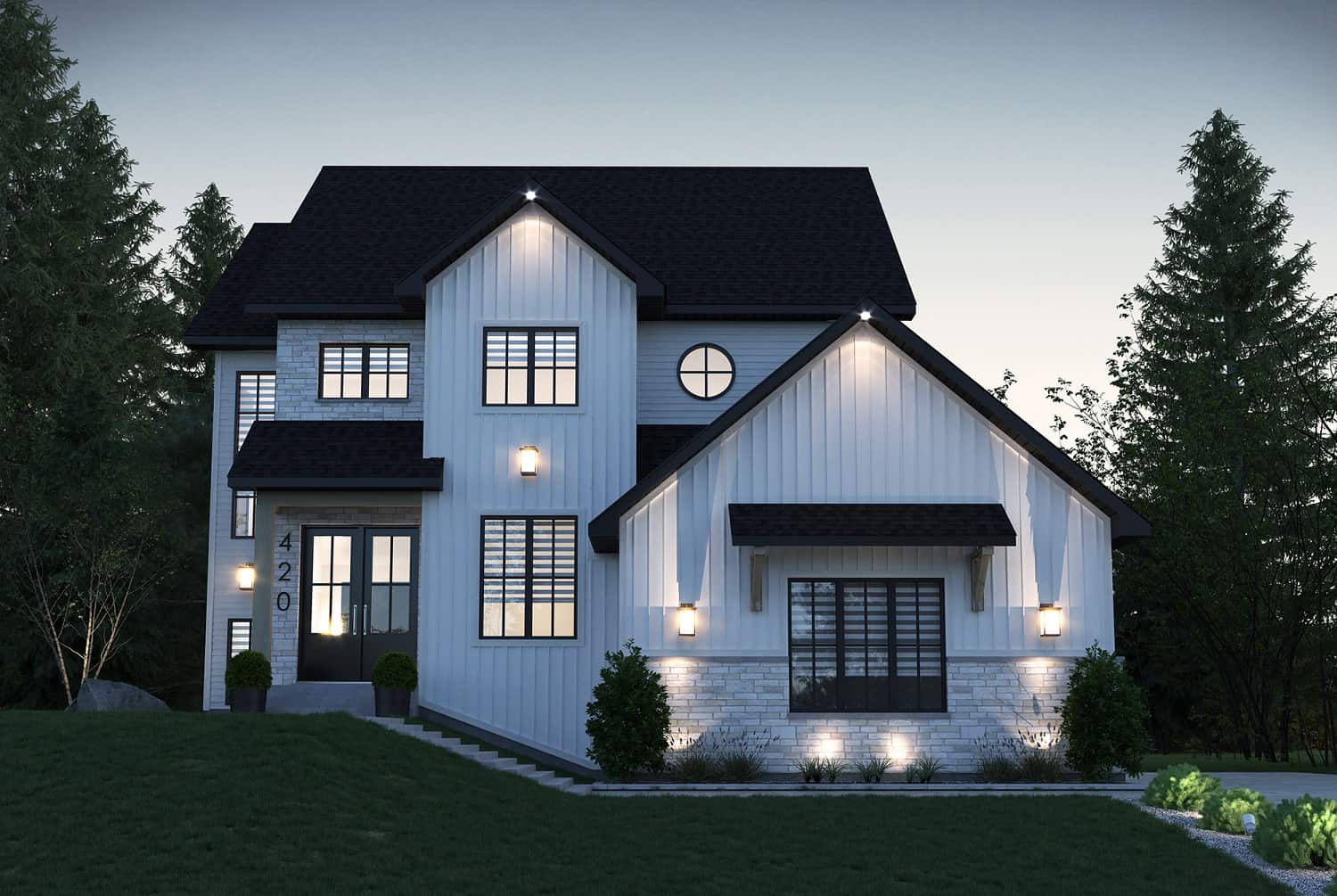 Front elevation of Farmhouse home (ThePlanCollection: House Plan #126-2009)