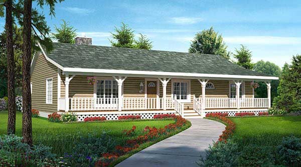 This is the front elevation for these Country Ranch House Plans.