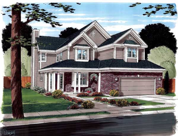 This is the front elevation for these Traditional House Plans.