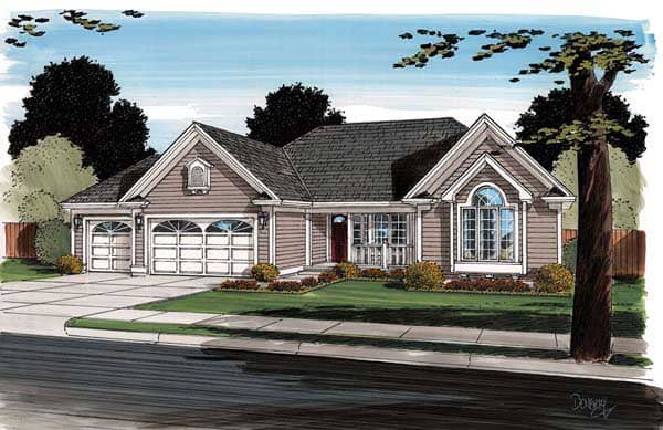 This is the front elevation for these Ranch House Plans.