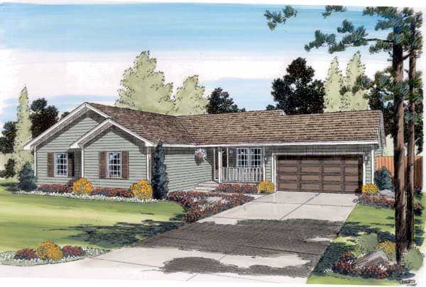 This is a very colorful rendering of these Ranch Home Plans.