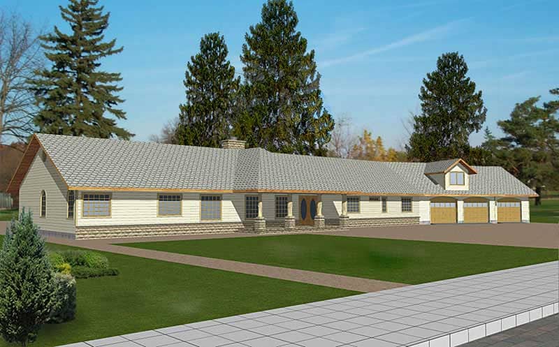 Front Elevation of this Ranch House (#132-1518) at The Plan Collection.