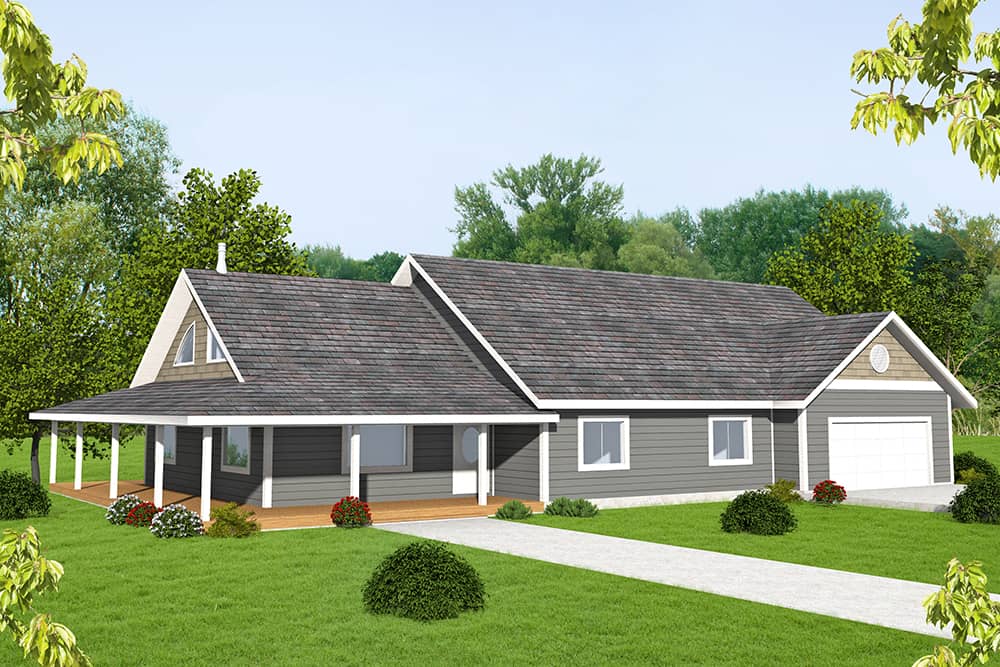 Front Elevation of this Ranch House (#132-1702) at The Plan Collection.