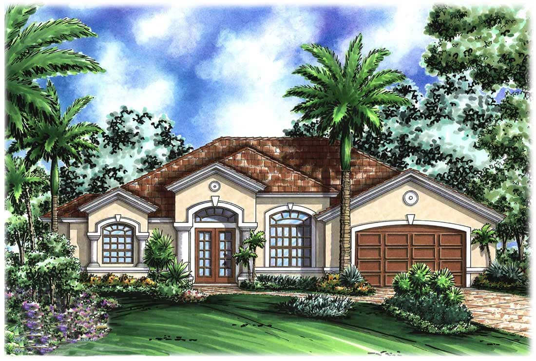 Mediterranean Homeplans WDGG1-2208-G color elevation.