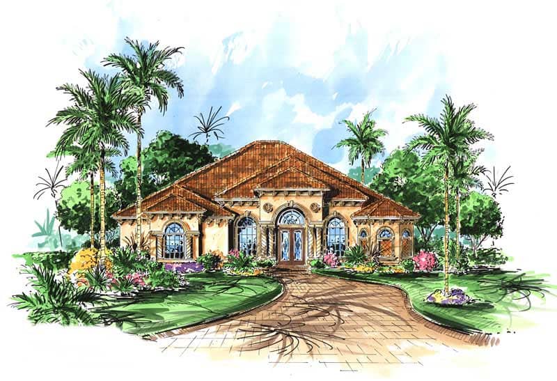 This image shows the front elevation for these Mediterranean House Plans.