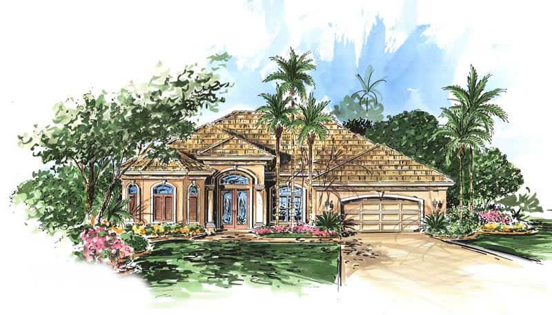 Mediterranean Homeplans WYNHAM color elevation.