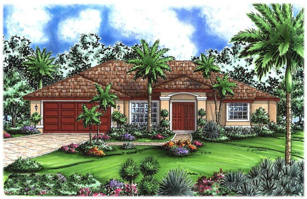 Mediterranean house plans color rendering.