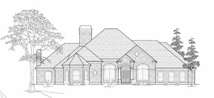 This is a black and white front elevation of these European Home Plans.
