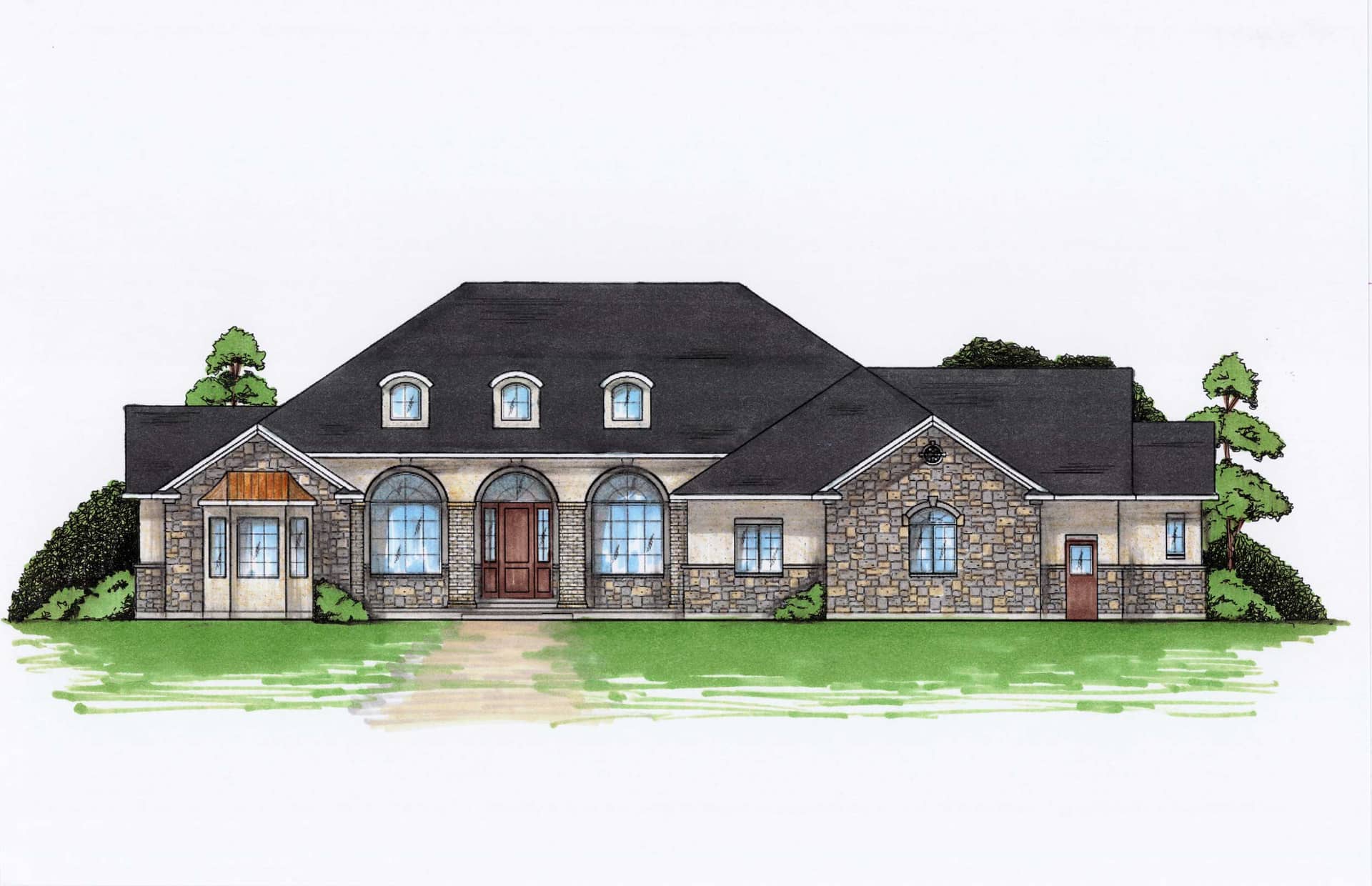 Color rendering of European home plan (ThePlanCollection: House Plan #135-1002)
