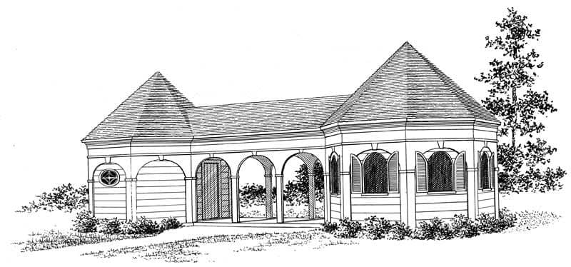 Front elevation of poolside changing rooms pavilion (ThePlanCollection: House Plan #137-1052)
