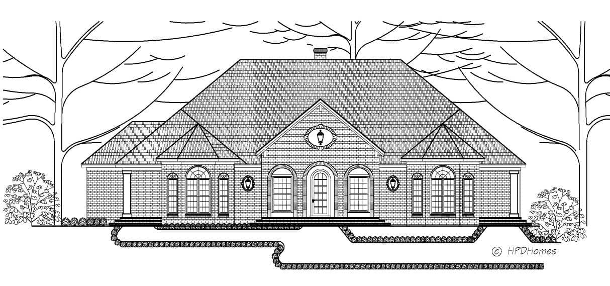 This black and white image shows the front elevation of these European Home Plans.