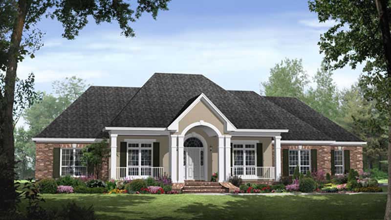 Front elevation of Acadian home (ThePlanCollection: House Plan #141-1082)