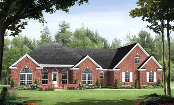 A stunning 3-bed, 2-bath ranch plan featuring a spacious great room with 12-ft ceilings, a cozy fireplace, and an open layout with excellent backyard views. Plan #141-1116
