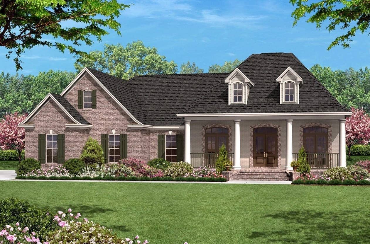 Color rendering of European home plan (ThePlanCollection: House Plan #142-1009)