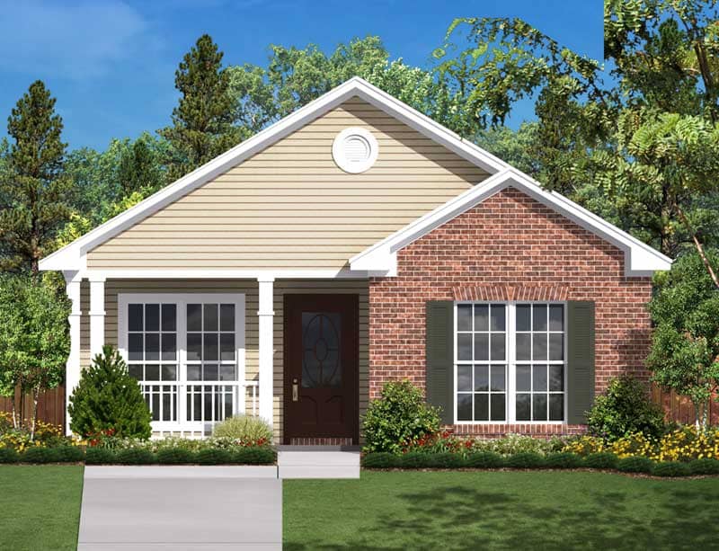 This cozy 2-bedroom small ranch house plan (#142-1031) showcases a simple gable roof, charming covered porch, and welcoming curb appeal that fits perfectly on a narrow lot.