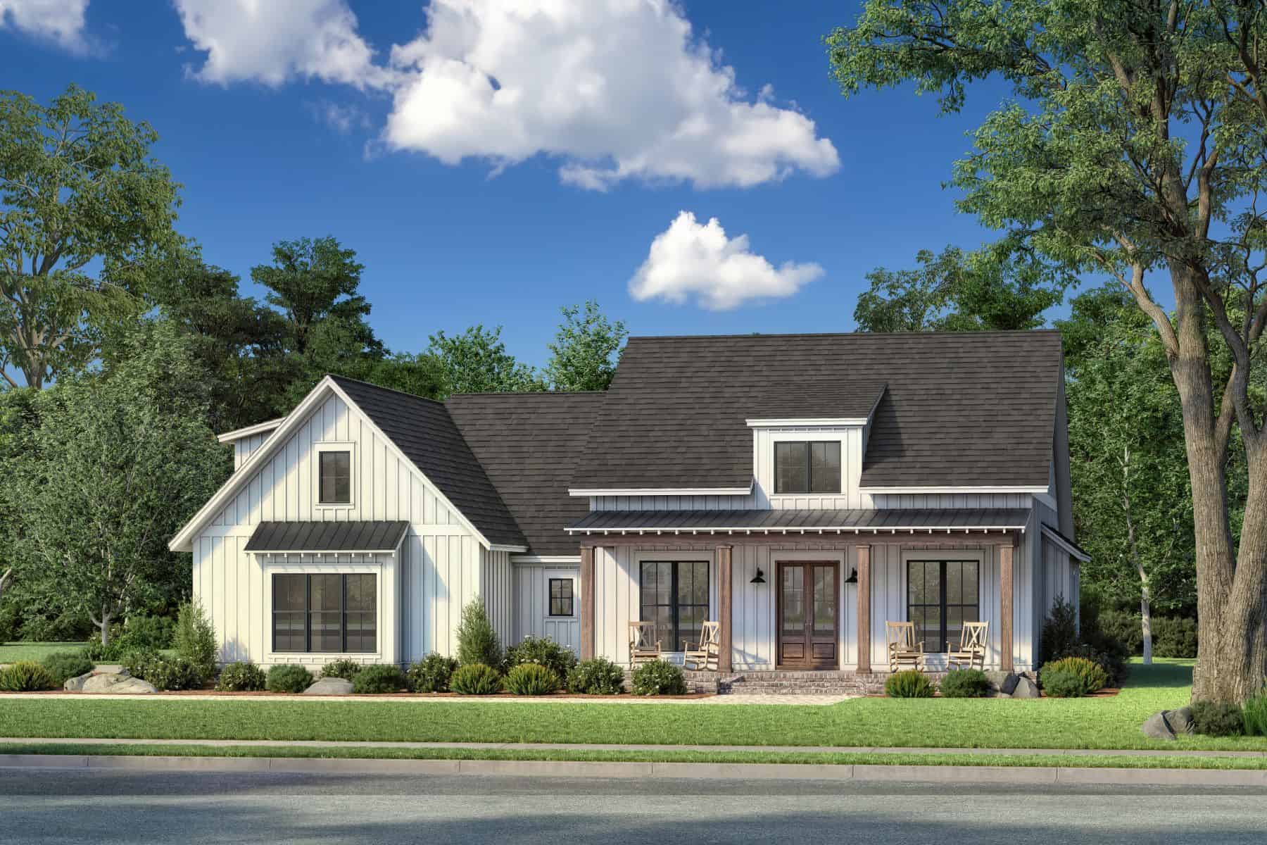 Front elevation of this modern farmhouse (Plan #142-1184)