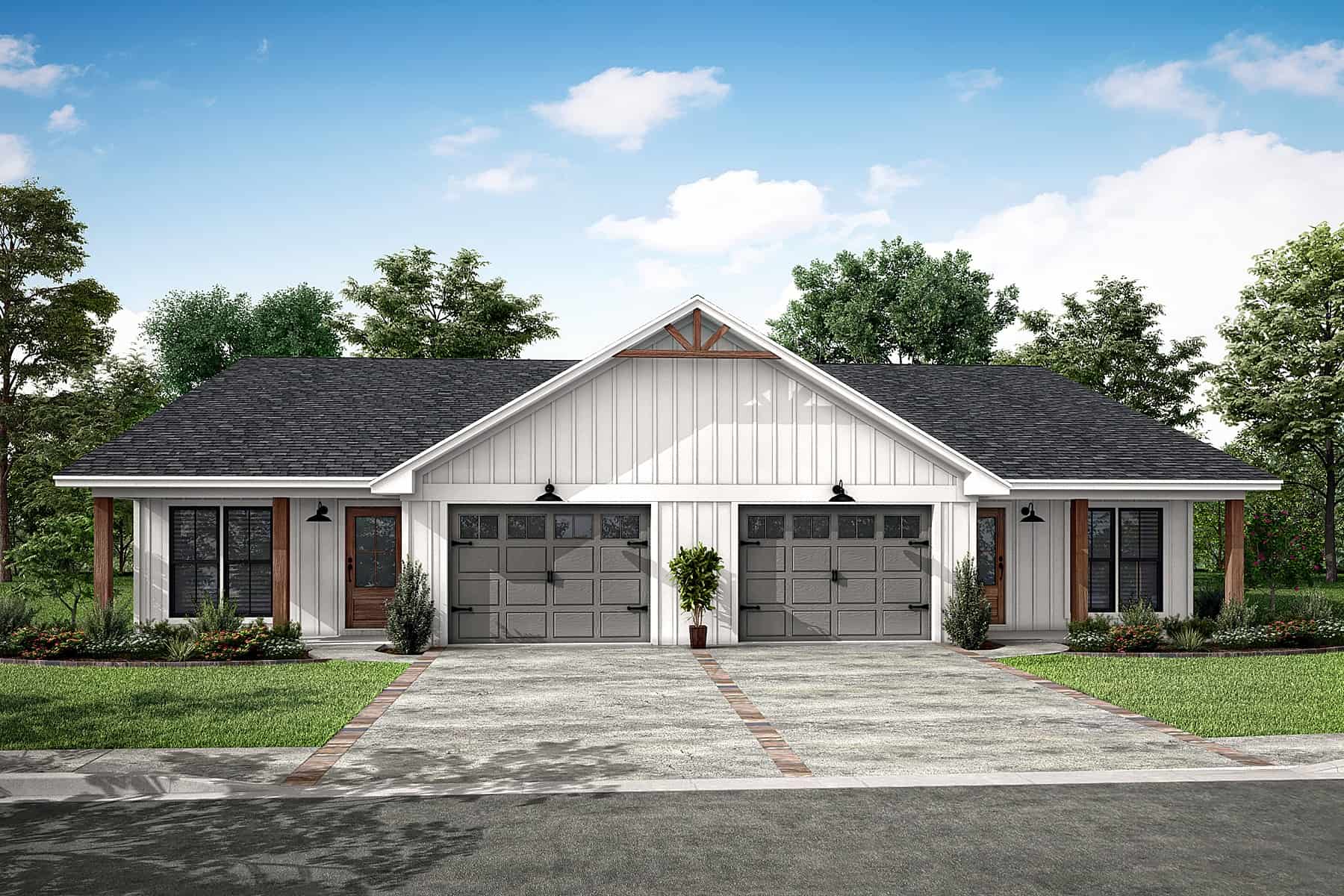 Front elevation of Duplex/Multi-Unit home (ThePlanCollection: House Plan #142-1453)