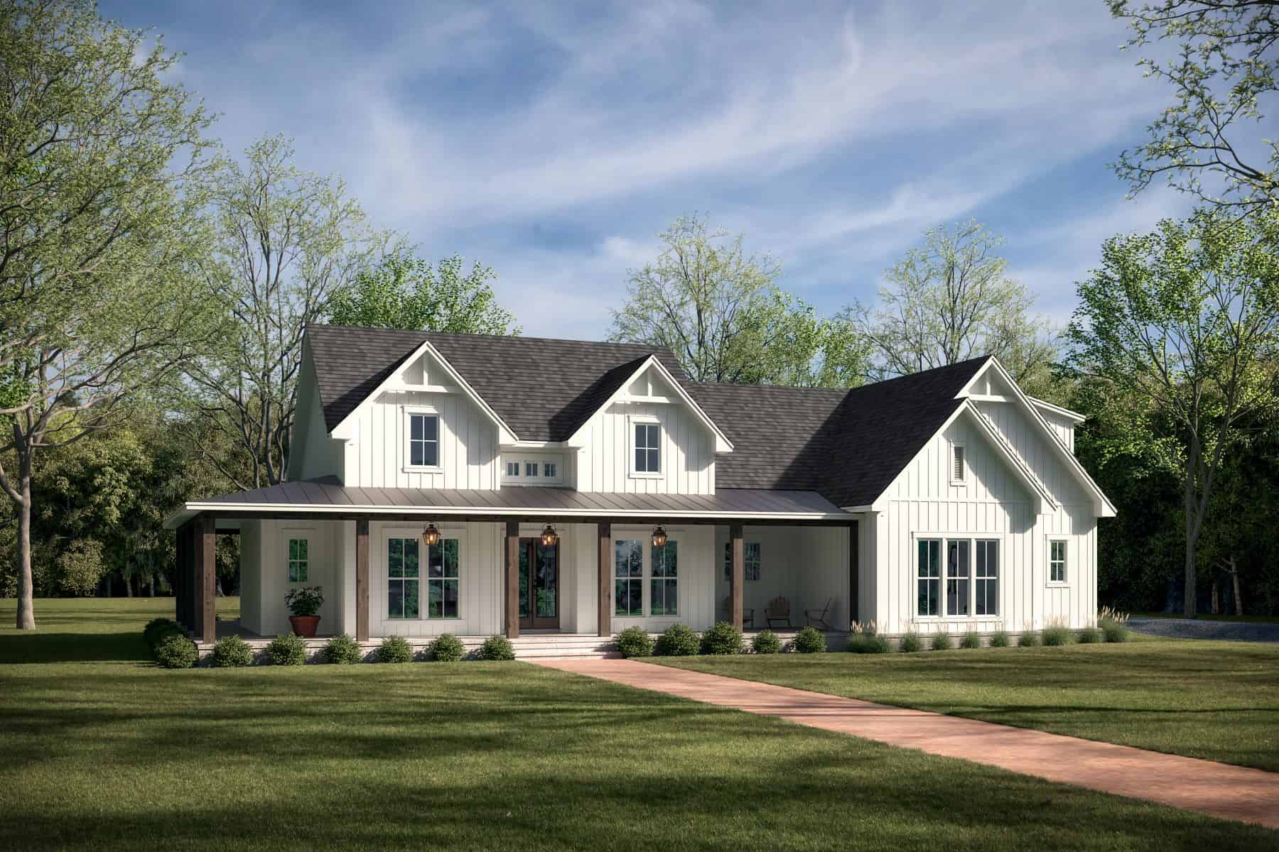 Front elevation of Modern Farmhouse home (ThePlanCollection: House Plan #142-1466)