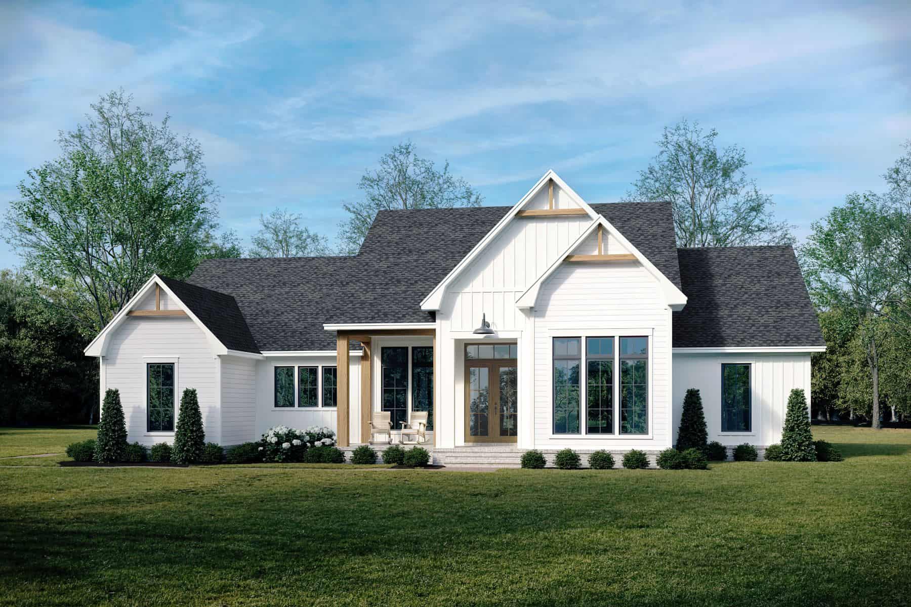 Front elevation of Modern Farmhouse home (ThePlanCollection: House Plan #142-1467)