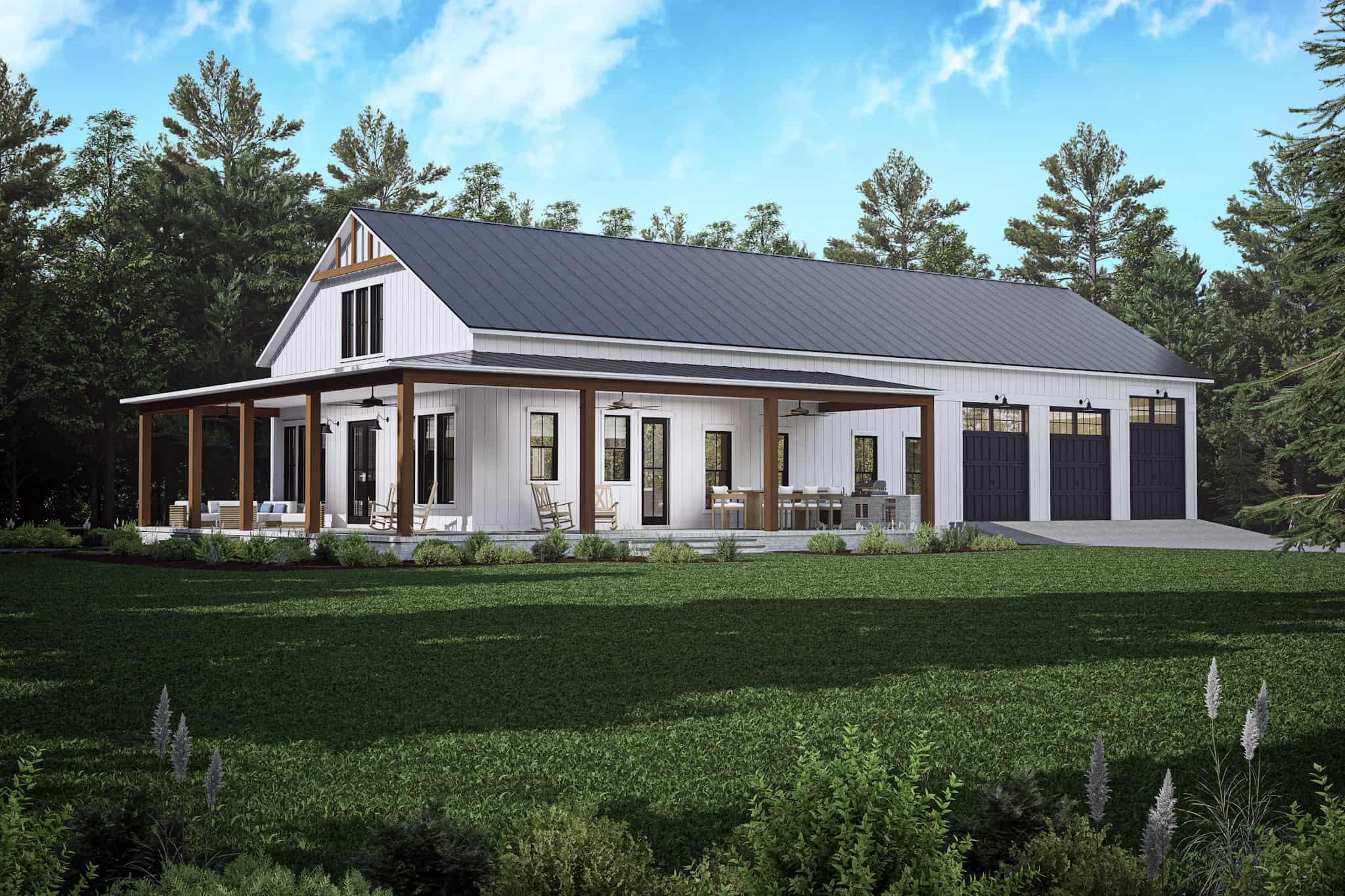 Front elevation of Barndominium home (ThePlanCollection: House Plan #142-1491)